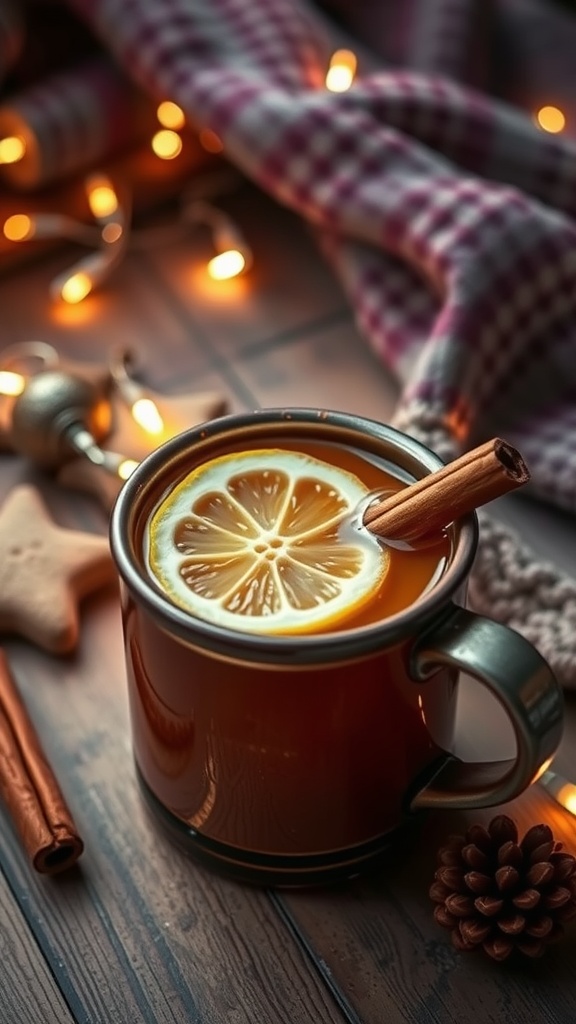 A warm bourbon hot toddy in a rustic mug with lemon and cinnamon, set against a cozy backdrop.